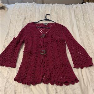 Chic Burgundy Crochet Cardigan